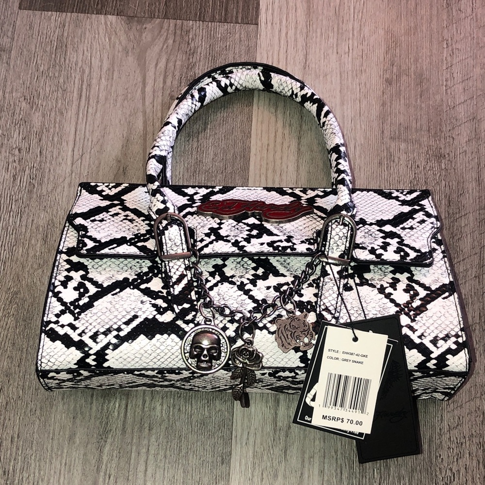 Ed Hardy White, Black & Grey Snake Print Satchel + Charm Chain & Strap NWT